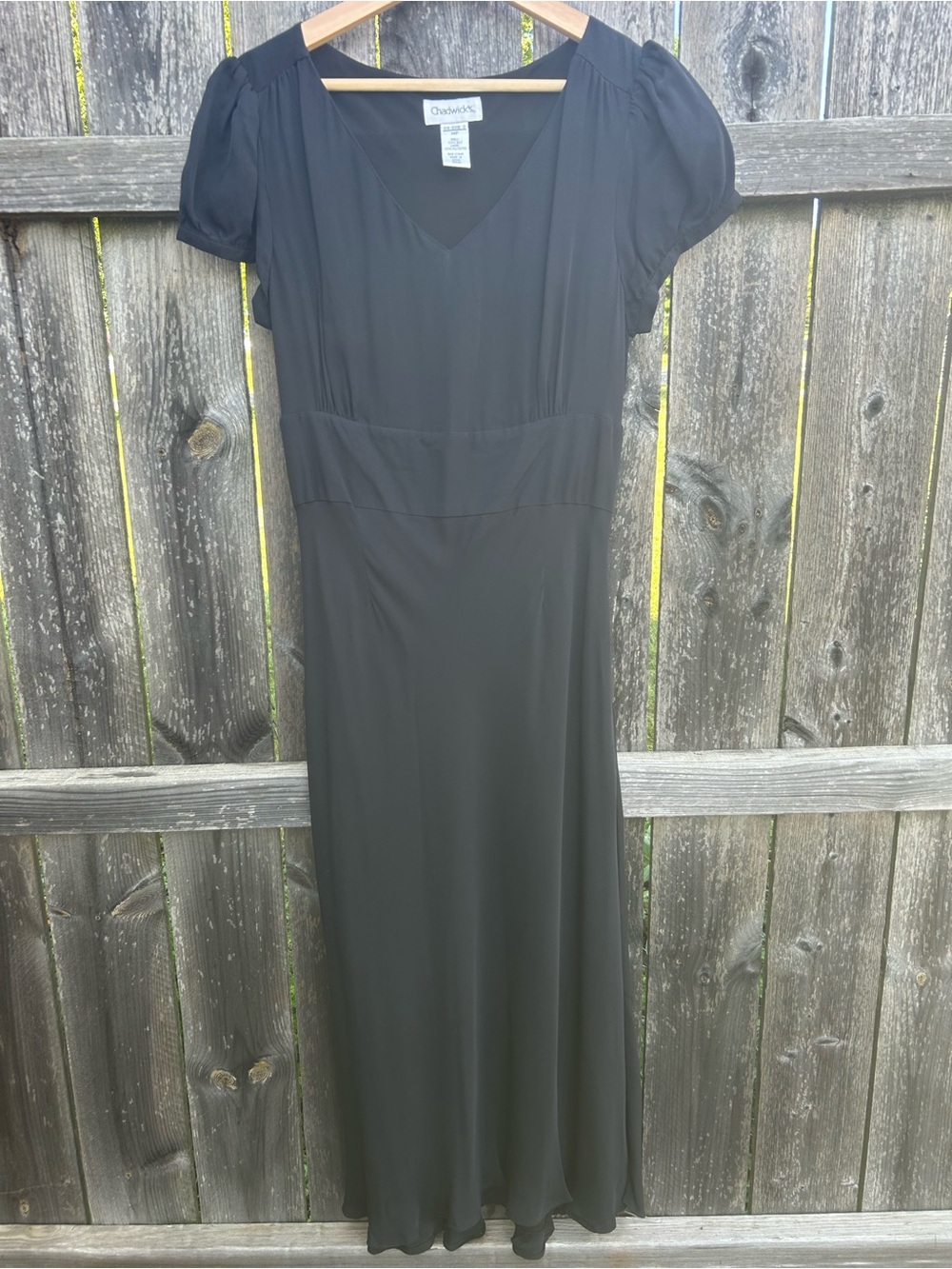 Vintage 90s Chadwicks 100% Silk Black Puff Sleeve Empire Waist Maxi Dress 14P
